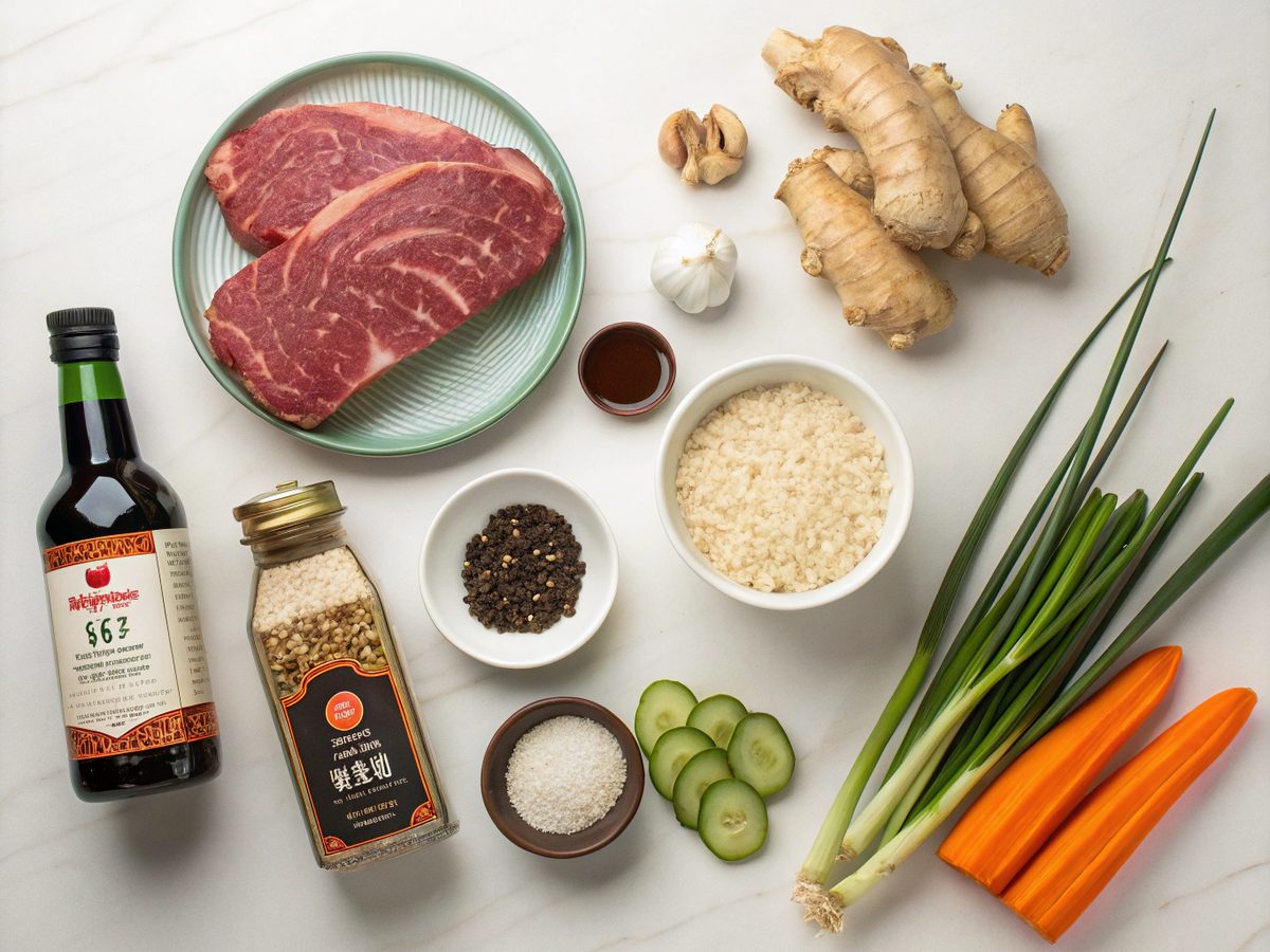 A top view of all ingredients needed for Korean BBQ steak rice bowls.