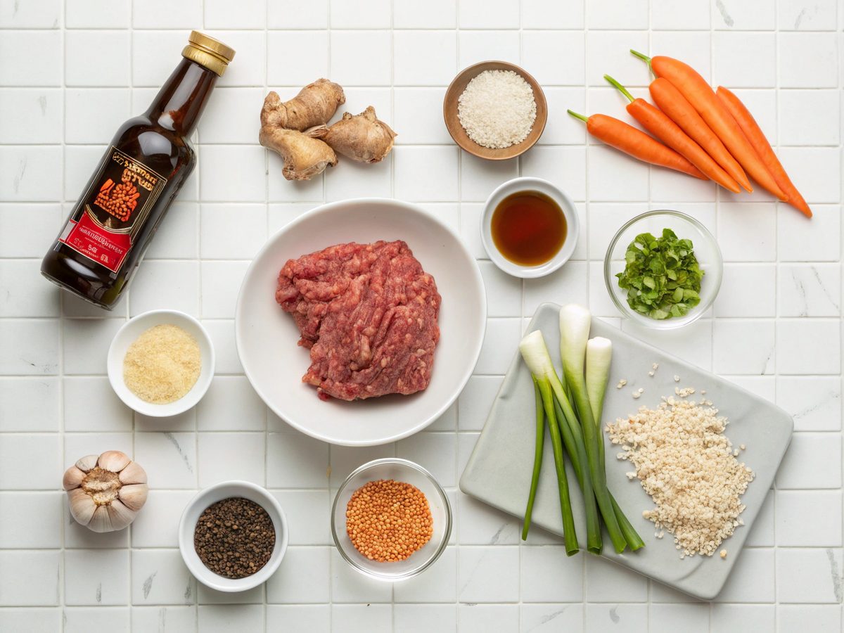 A visual representation of ingredients for Korean beef bowl recipe.