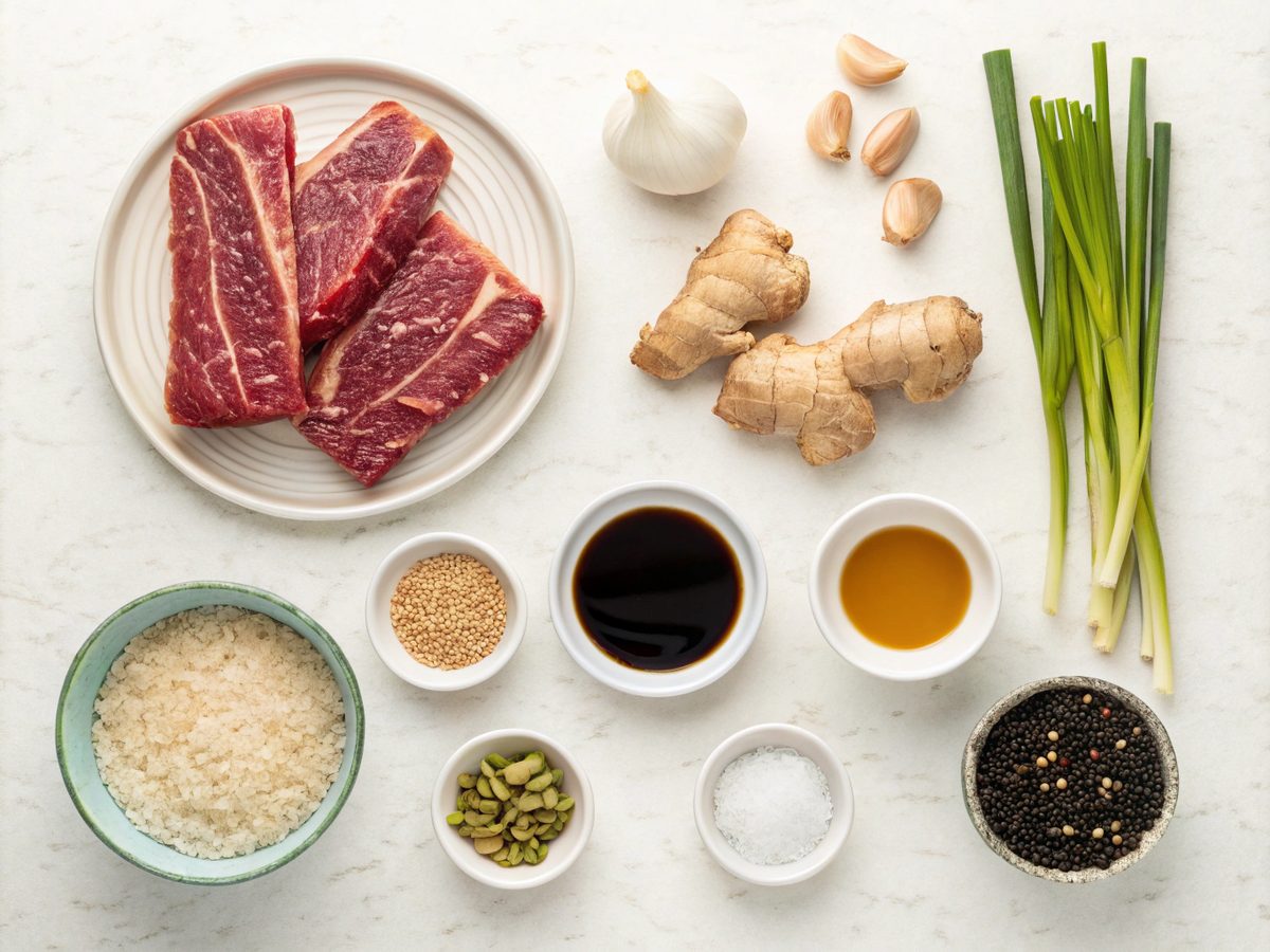 Ingredients for Korean Braised Short Ribs displayed on a counter