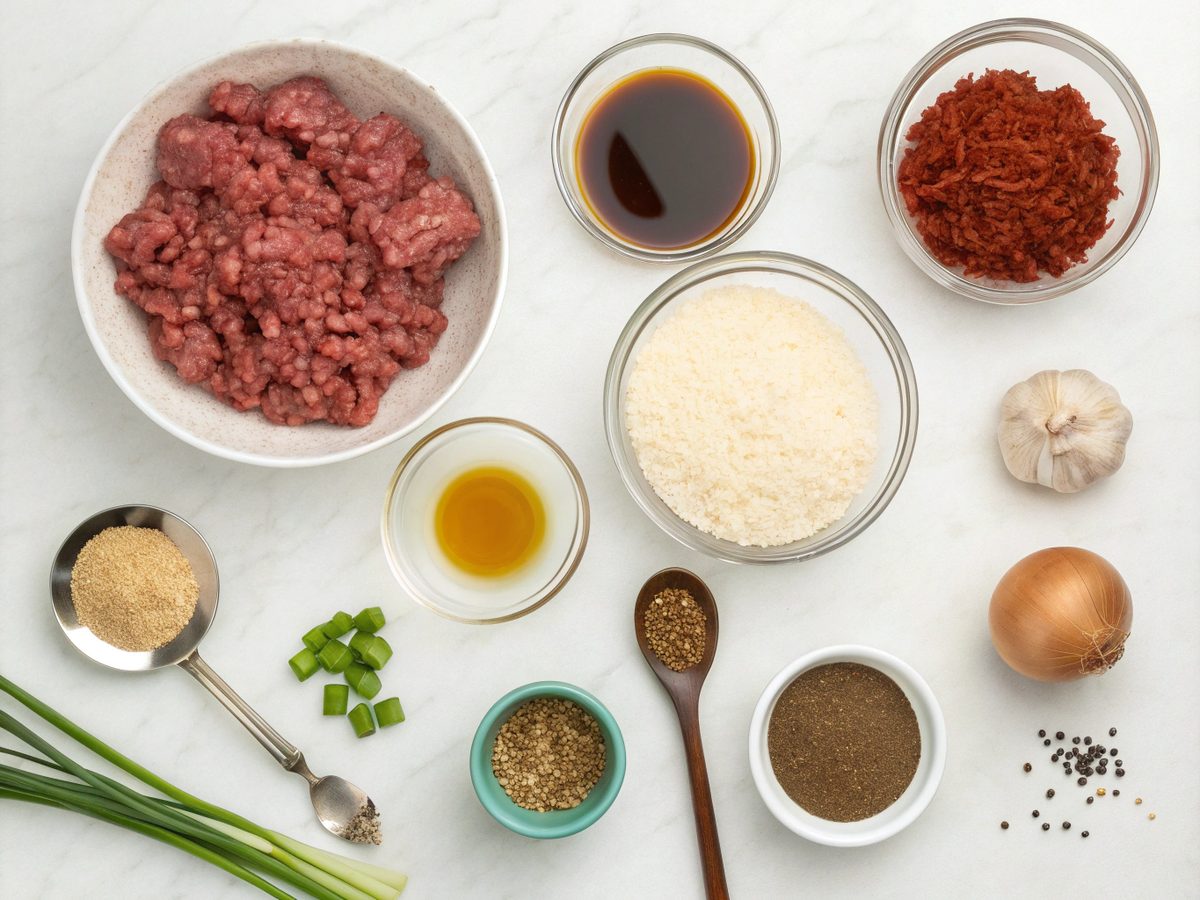 A top-down view of the fresh and vibrant ingredients used to create a Korean Ground Beef Bowl.