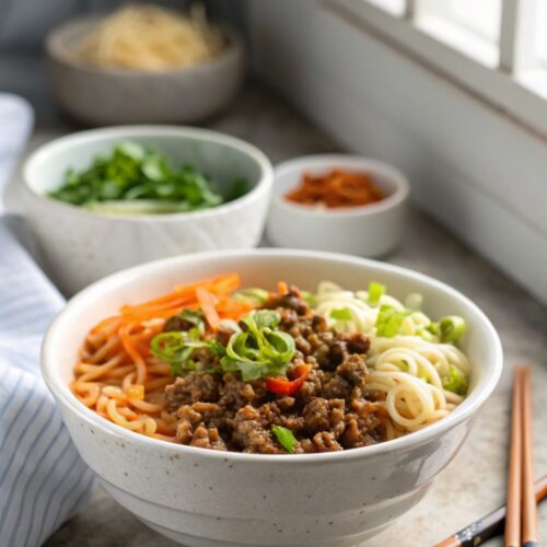 A bowl of Korean Ground Beef Ramen, garnished and ready to eat