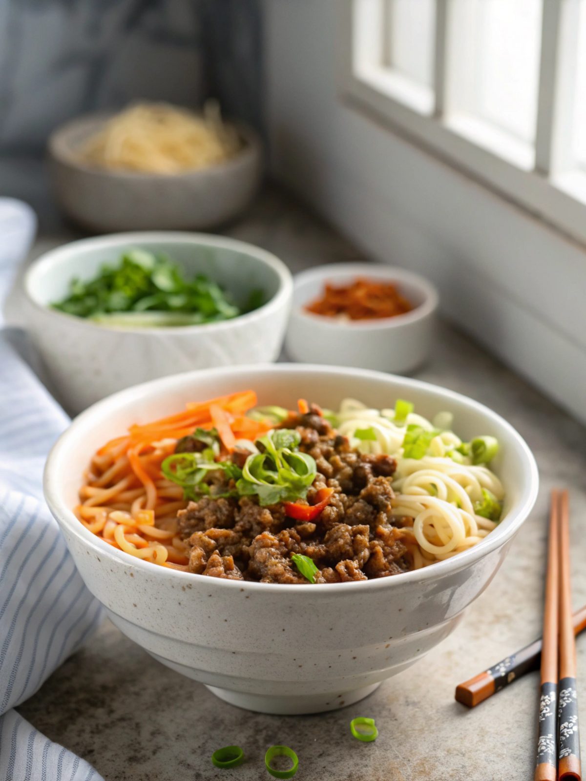 A bowl of Korean Ground Beef Ramen, garnished and ready to eat