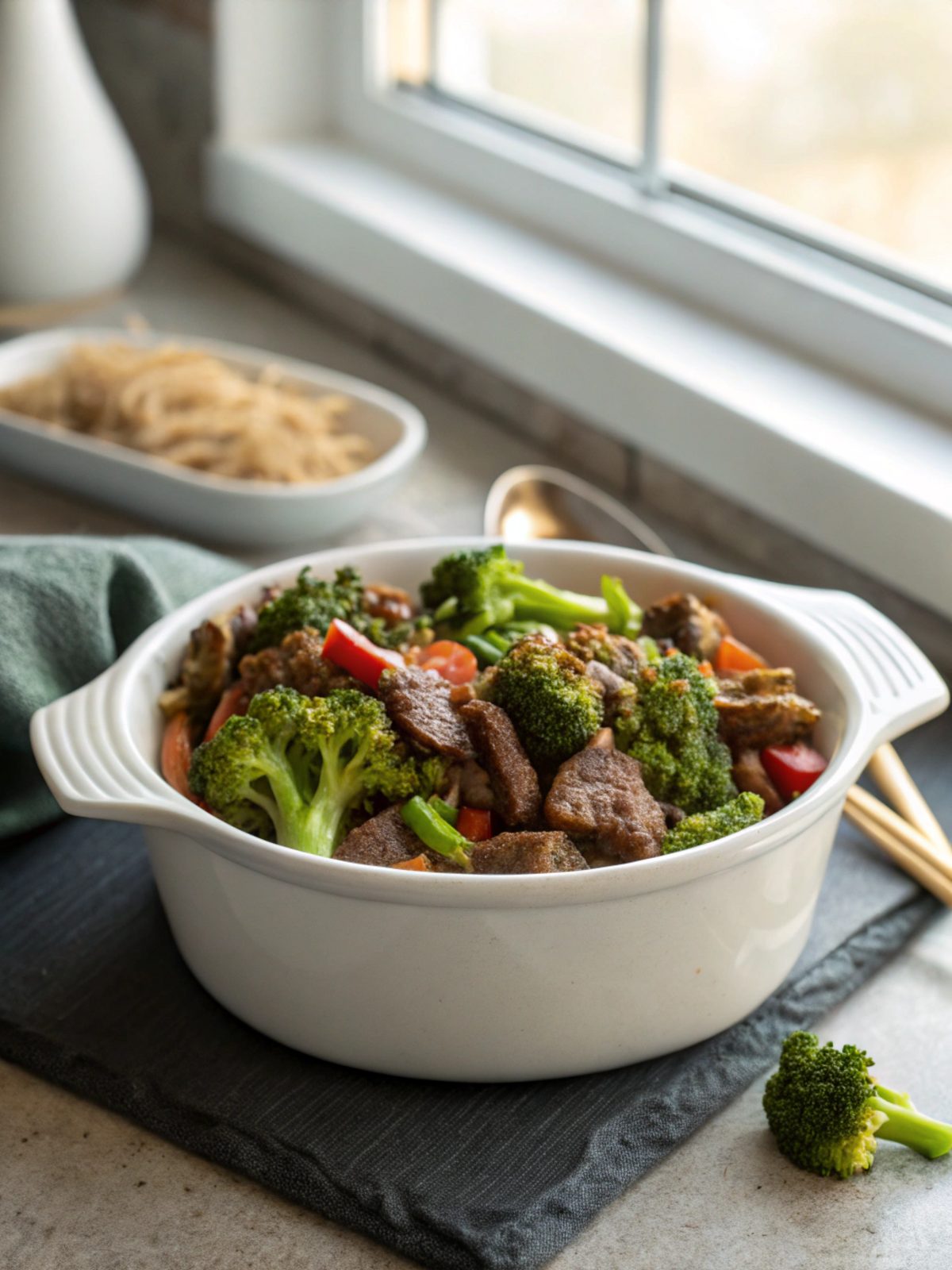 Low-carb beef broccoli skillet served hot in a skillet, garnished with sesame seeds