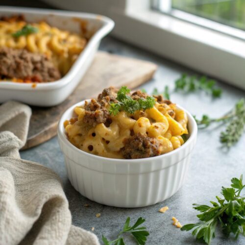 A deliciously served Mac and Cheese Meatloaf Casserole