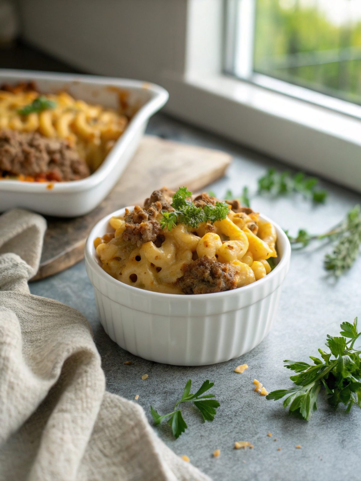 A deliciously served Mac and Cheese Meatloaf Casserole