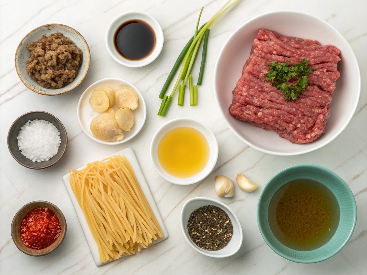 Visual display of ingredients for Mongolian Ground Beef Noodles.