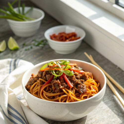 A savory dish of Mongolian Ground Beef Noodles with vibrant garnishes