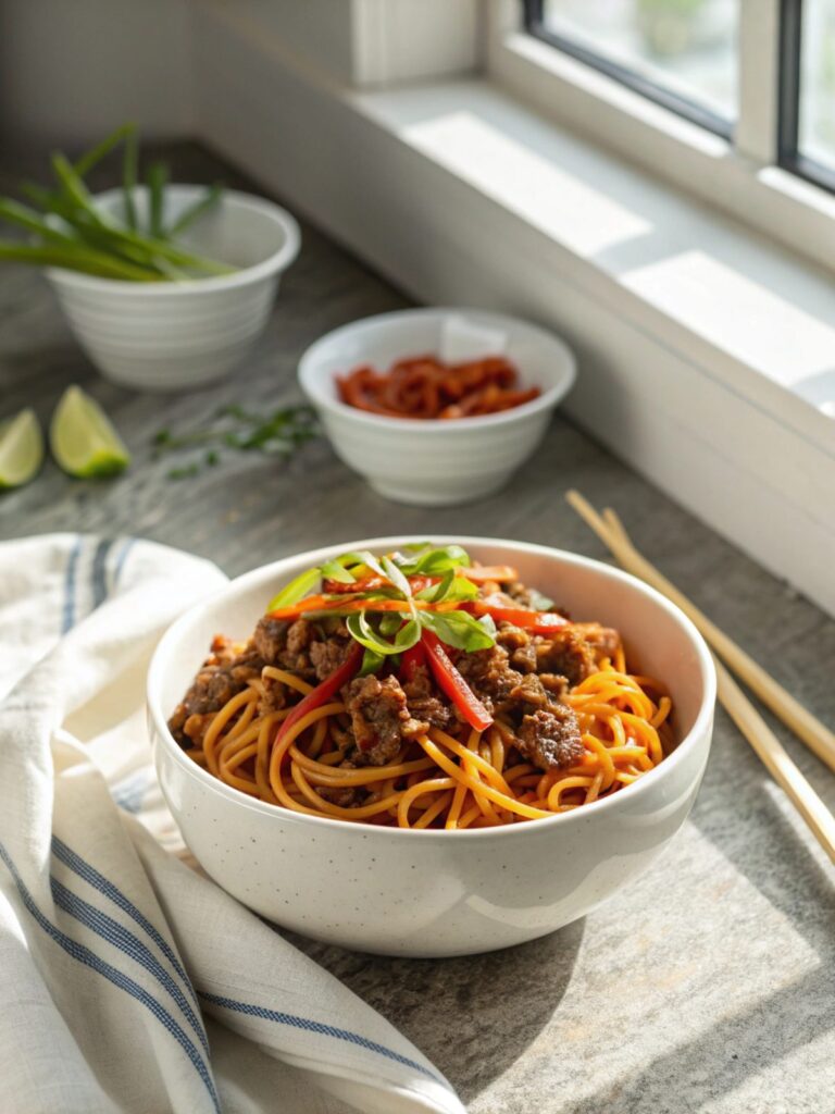 A savory dish of Mongolian Ground Beef Noodles with vibrant garnishes