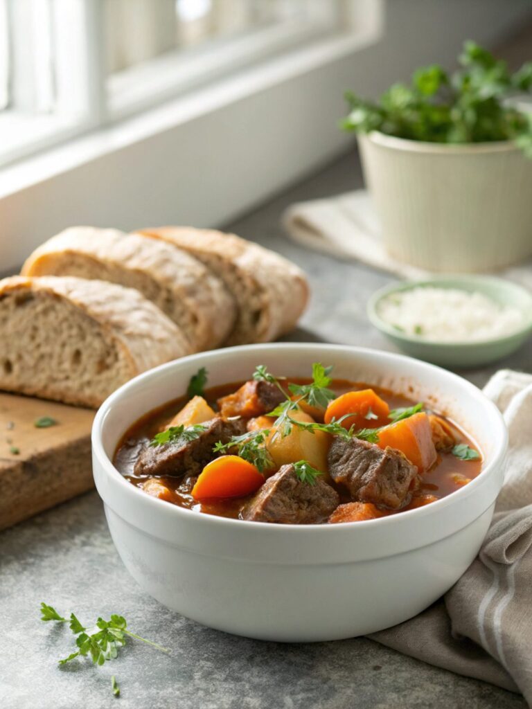 A steaming bowl of old-fashioned beef stew, rich in flavor and hearty goodness.