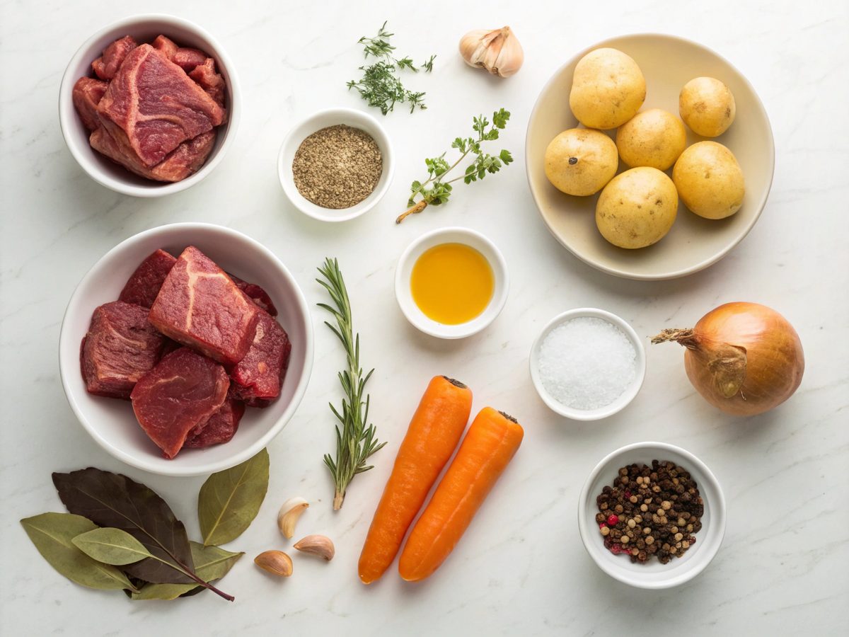 An arrangement of ingredients for an old fashioned beef stew recipe.