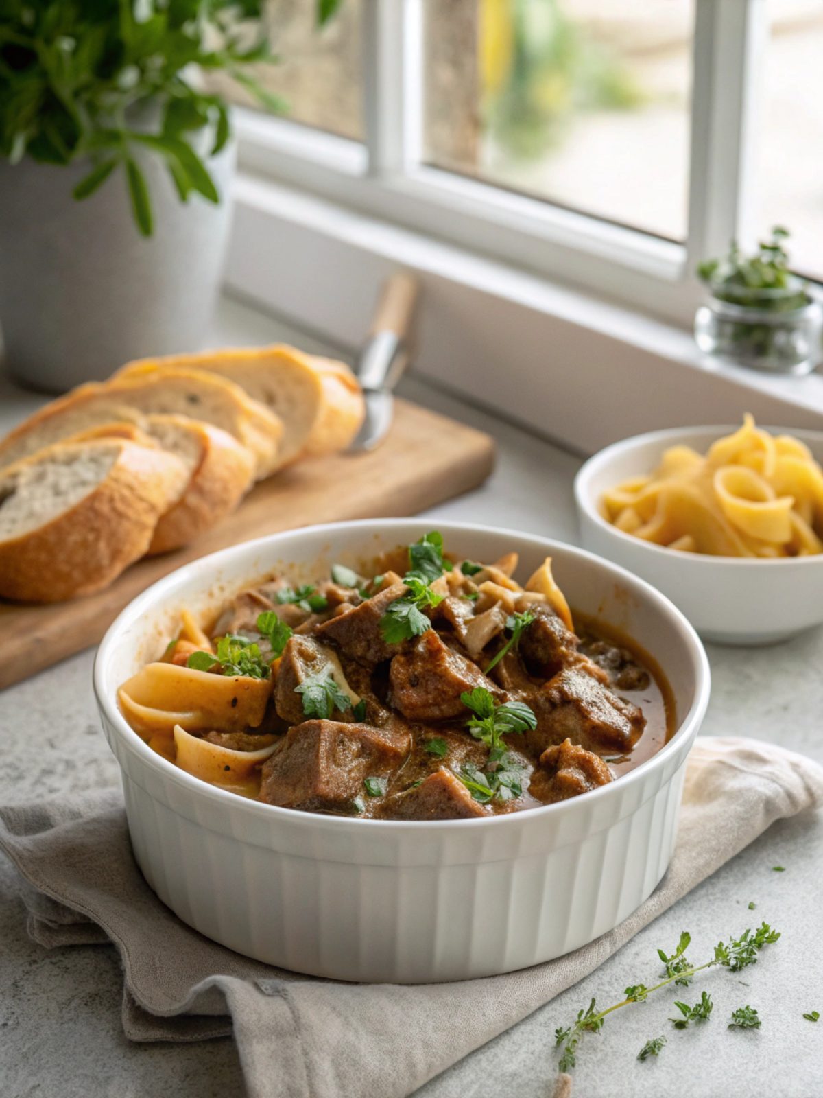 Mouth-watering photograph of completed old fashioned beef stroganoff recipe.