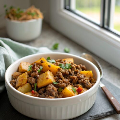 Delicious One-Pan Ground Beef Potato Dinner served with fresh garnish