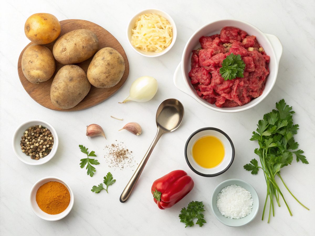 Ingredients for One-Pan Ground Beef Potato Dinner including beef, potatoes, and more.