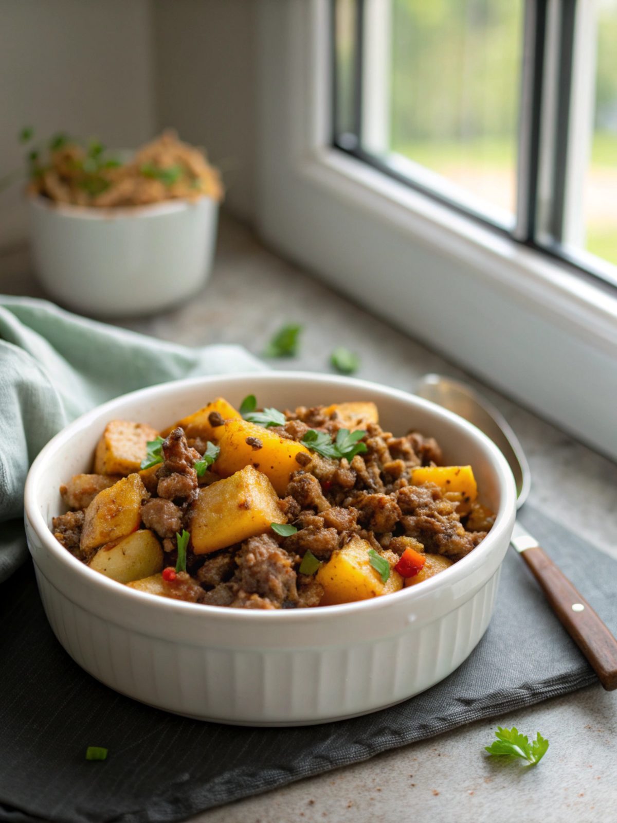 Delicious One-Pan Ground Beef Potato Dinner served with fresh garnish