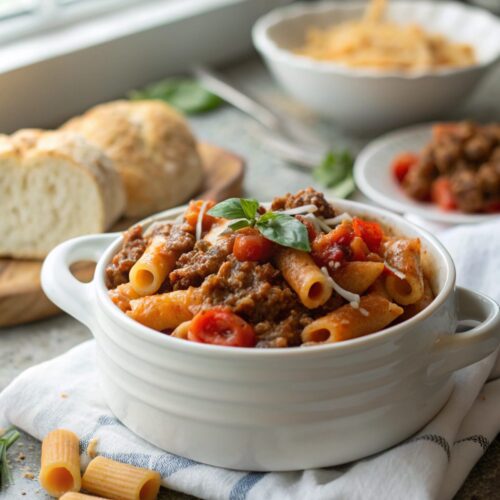 Featured image of one pot beefaroni recipe served in a bowl
