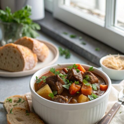 Close-up image of classic Pioneer Woman Crock Pot Beef Stew, served in a bowl.
