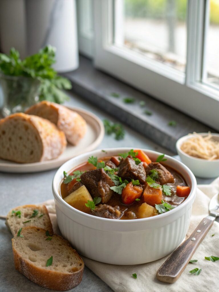 Close-up image of classic Pioneer Woman Crock Pot Beef Stew, served in a bowl.
