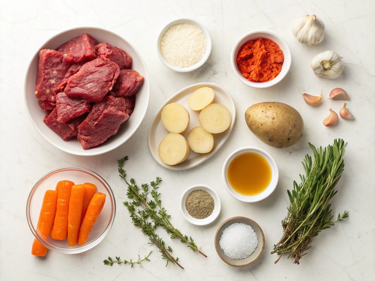 Ingredients for making pioneer woman crockpot beef stew arranged neatly.