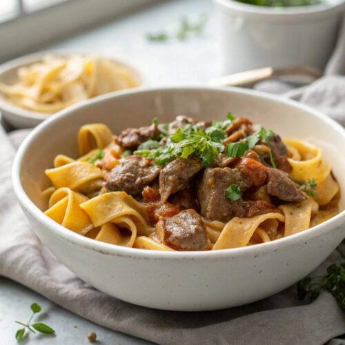 A plate of Quick Beef Stroganoff, perfectly cooked and garnished.