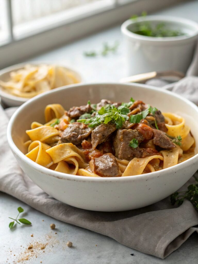 A plate of Quick Beef Stroganoff, perfectly cooked and garnished.