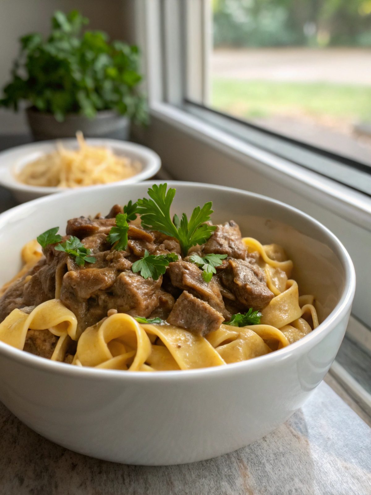 Easy beef stroganoff served in a bowl, garnished with parsley