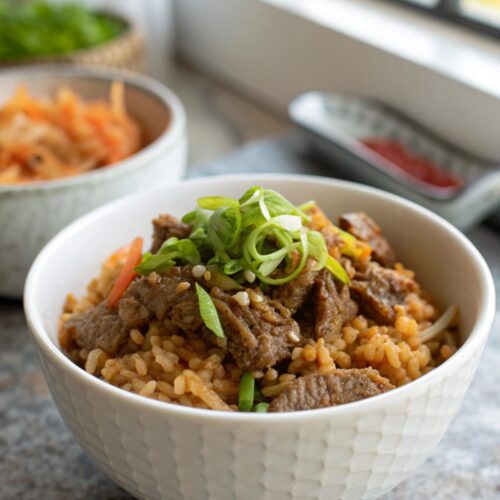 Close-up of the finished dish of Quick Korean Beef Rice