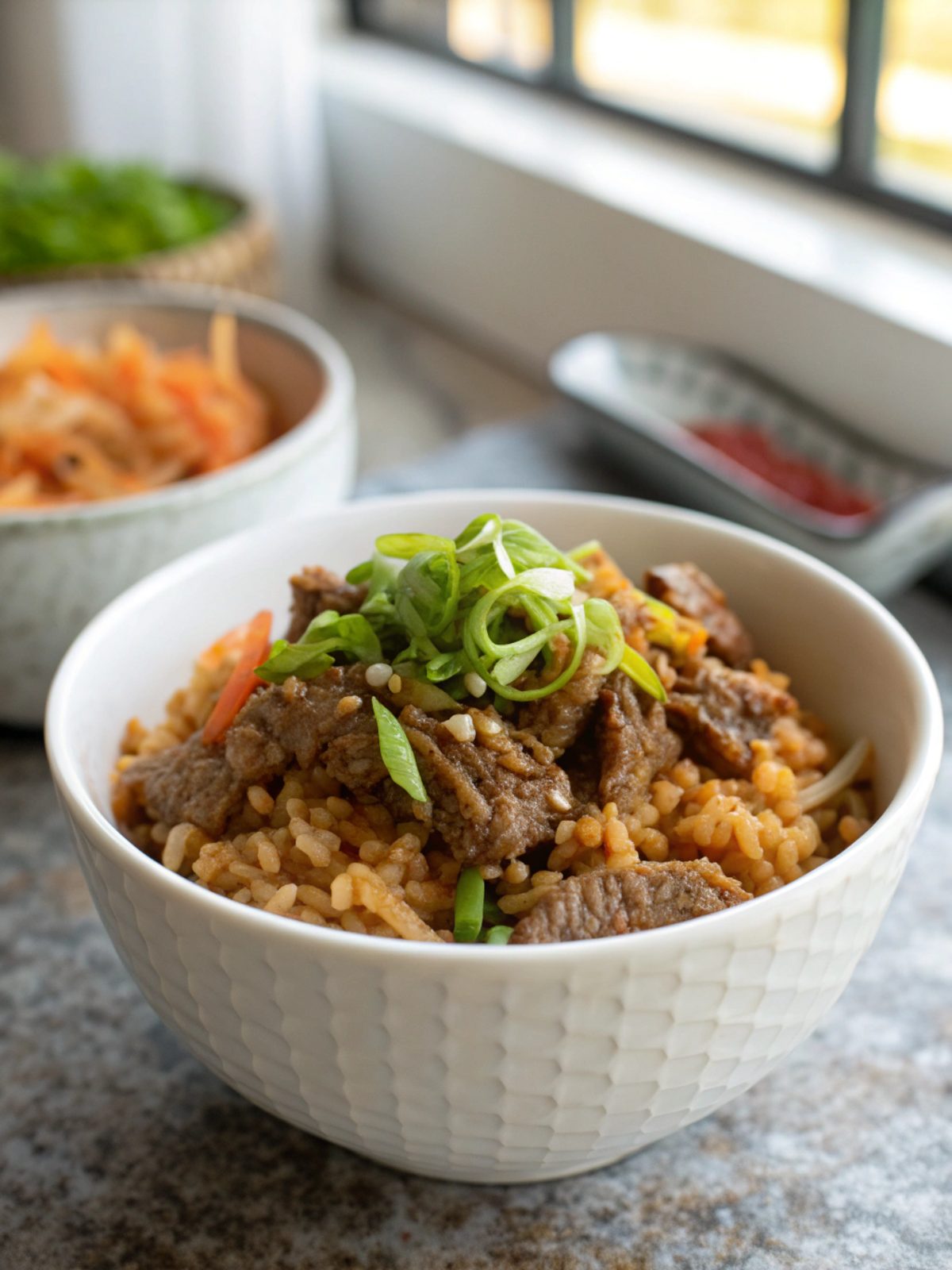 Close-up of the finished dish of Quick Korean Beef Rice