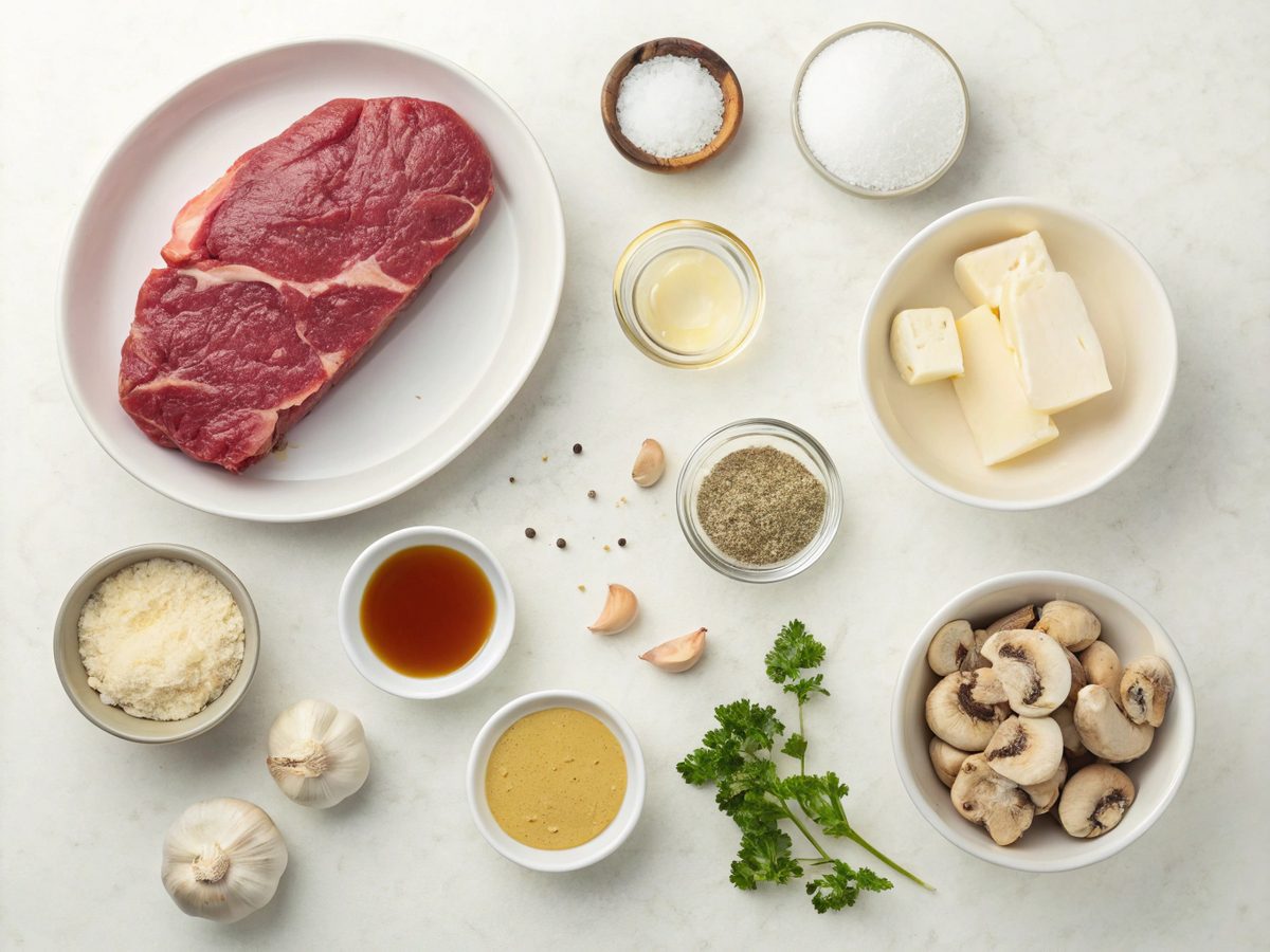 Ingredients for making quick sirloin stroganoff, displayed attractively.