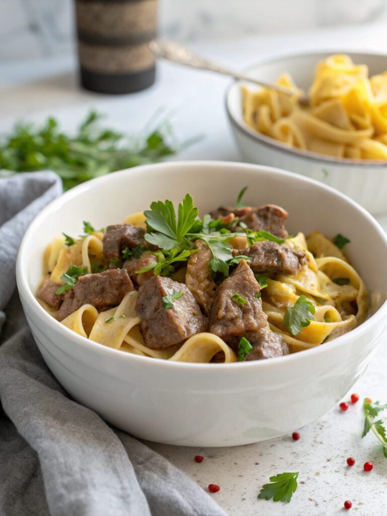 Featured image showing a plate of quick sirloin stroganoff, beautifully garnished.
