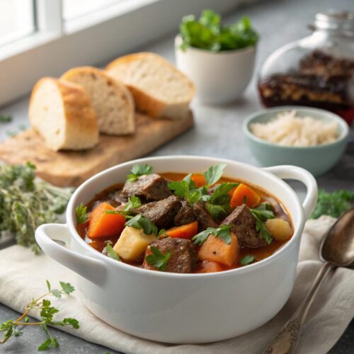 Delectable Rustic Old Fashioned Beef Stew served hot in a bowl.
