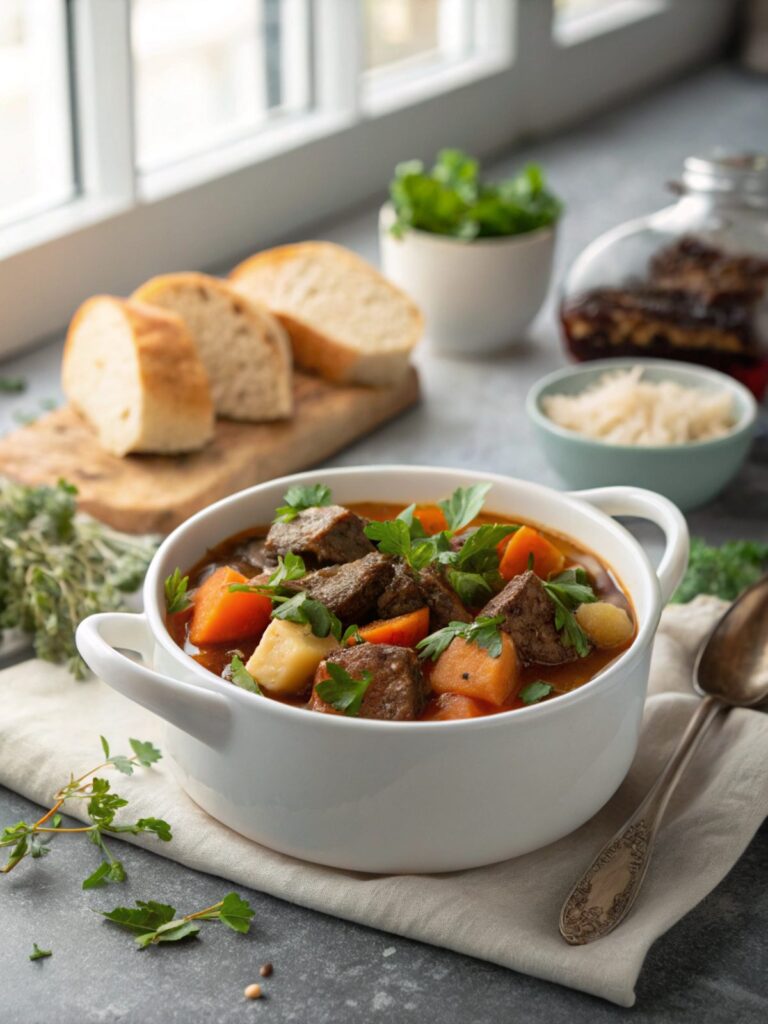 Delectable Rustic Old Fashioned Beef Stew served hot in a bowl.