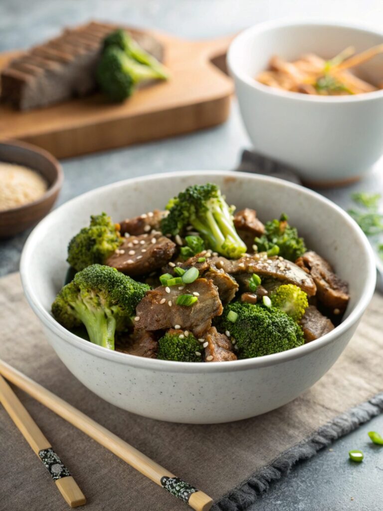 Close-up of Savory Beef Broccoli with Garlic Ginger Sauce