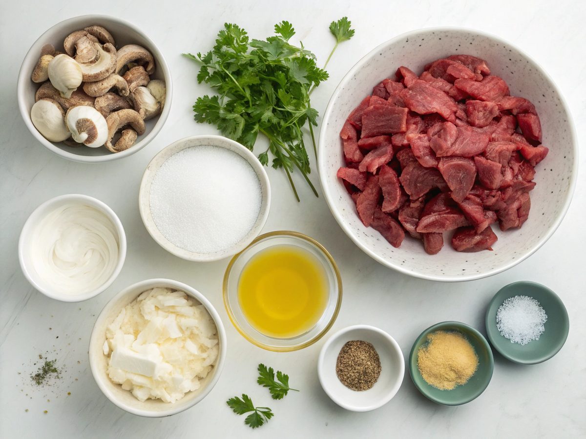 Shaved beef stroganoff mushrooms ingredients laid out