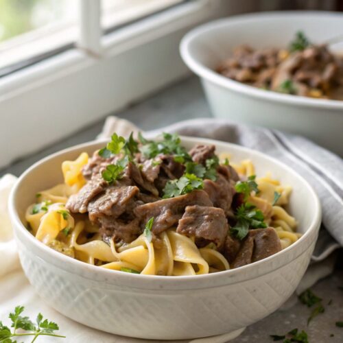 SEO-friendly alt text describing the featured image of shredded beef stroganoff