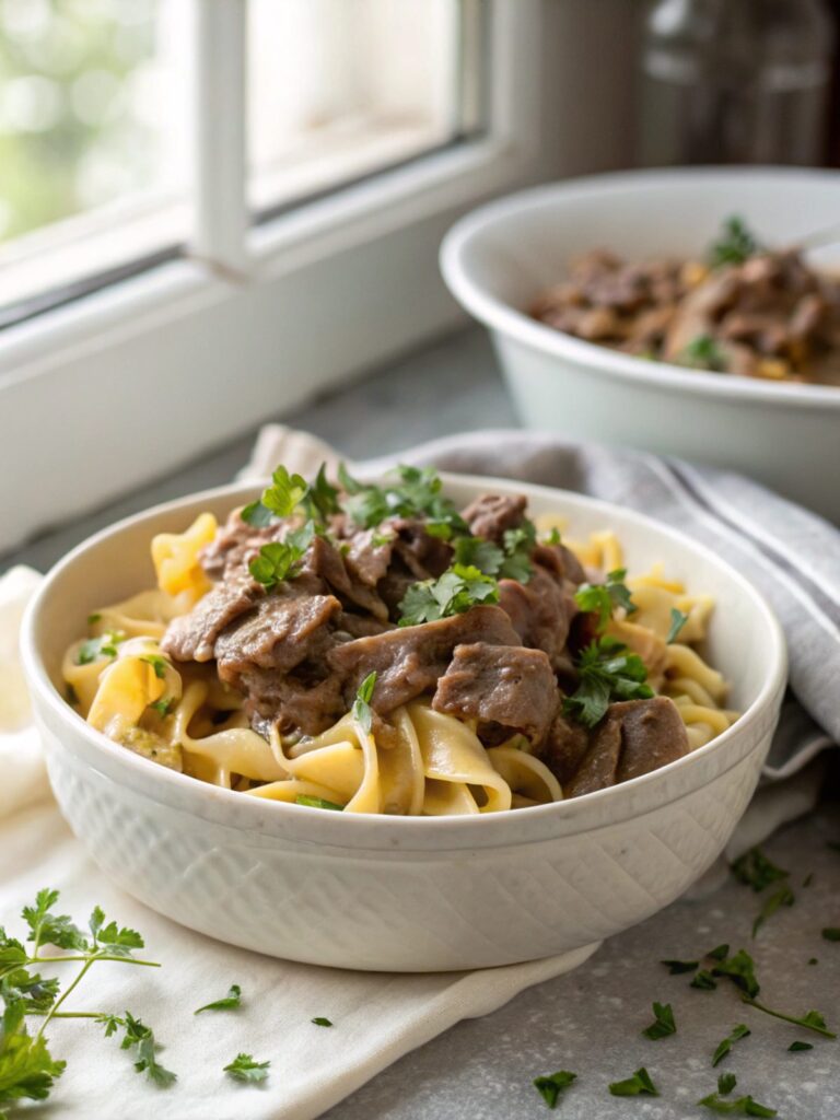 SEO-friendly alt text describing the featured image of shredded beef stroganoff
