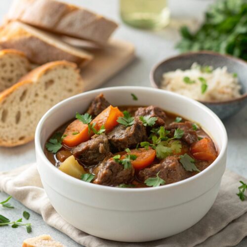 Featured image of slow cooker beef stew served in a bowl with garnish.