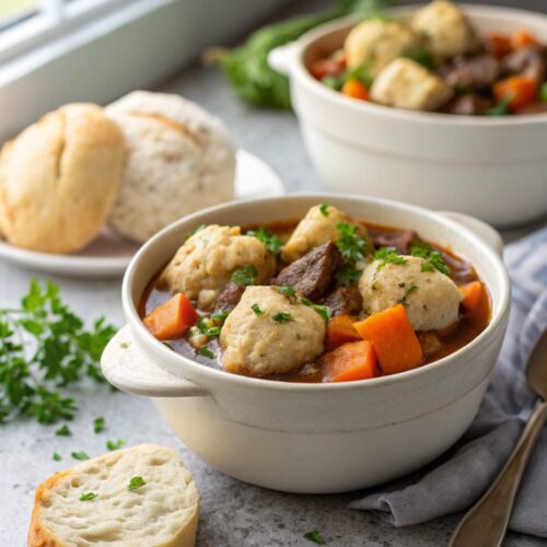 A bowl of slow cooker beef stew with dumplings on a table