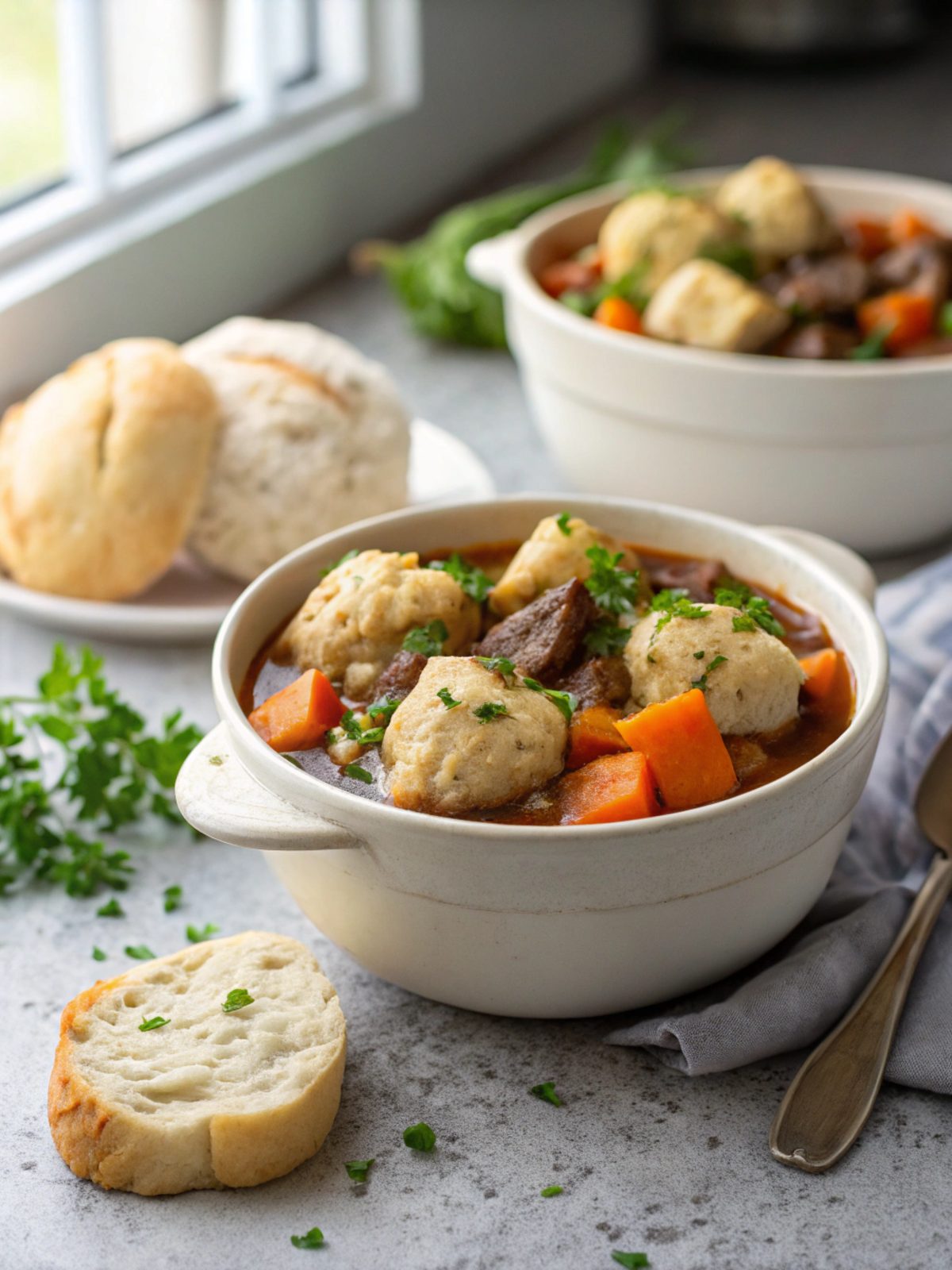 A bowl of slow cooker beef stew with dumplings on a table
