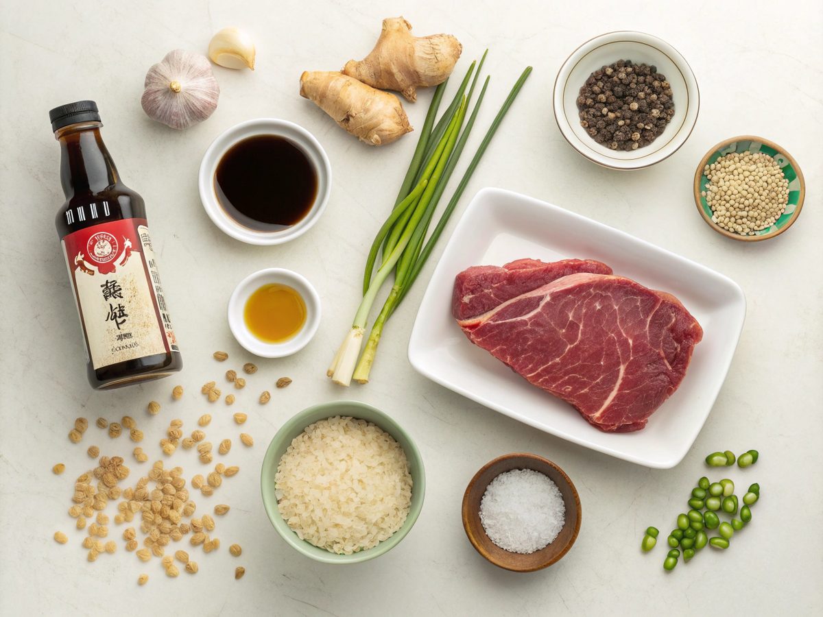 Ingredients for slow cooker Korean beef including beef, soy sauce, and gochujang