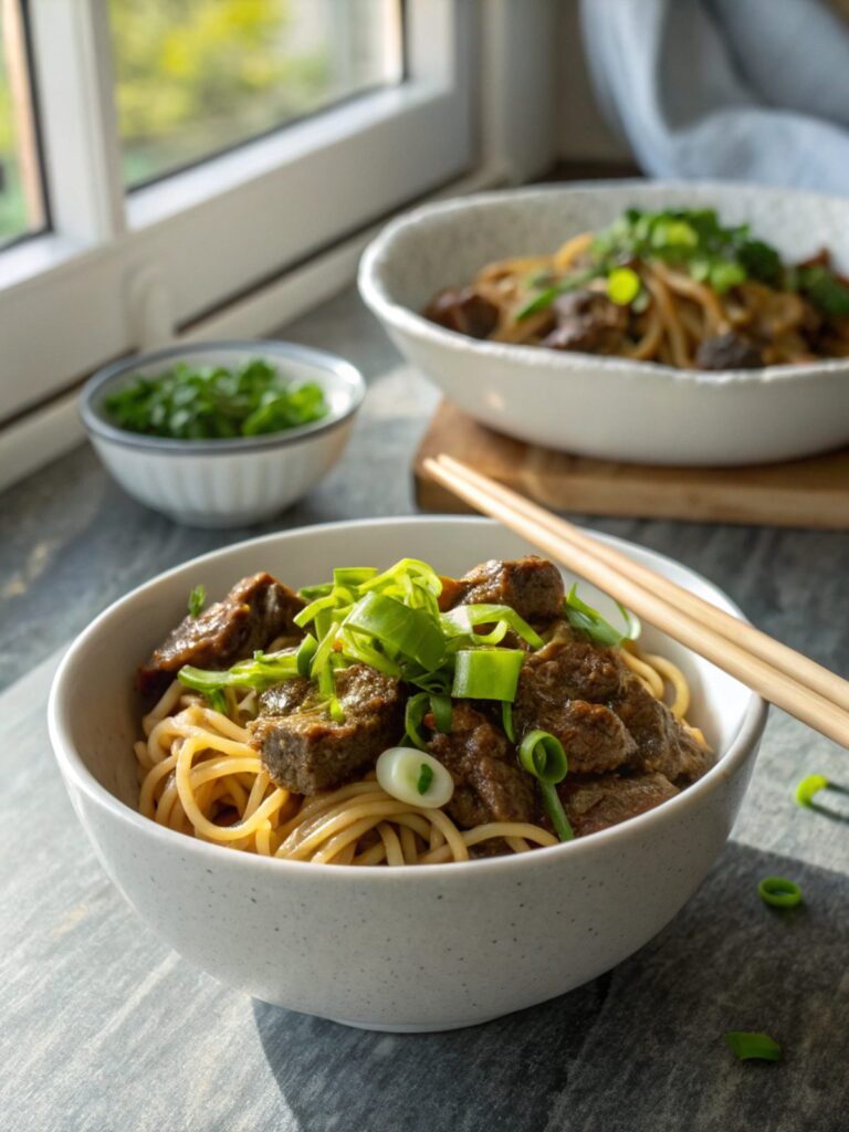 Close-up of delicious slow cooker Korean beef noodles served in a bowl.