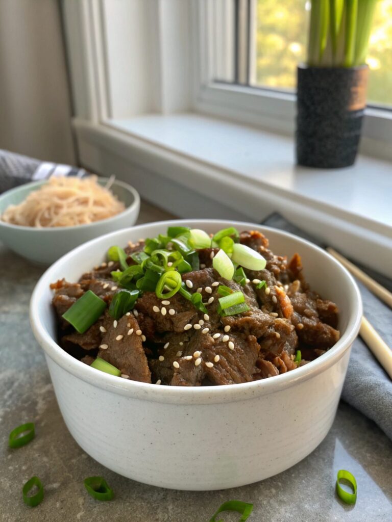 A beautifully plated dish of slow cooker Korean beef.