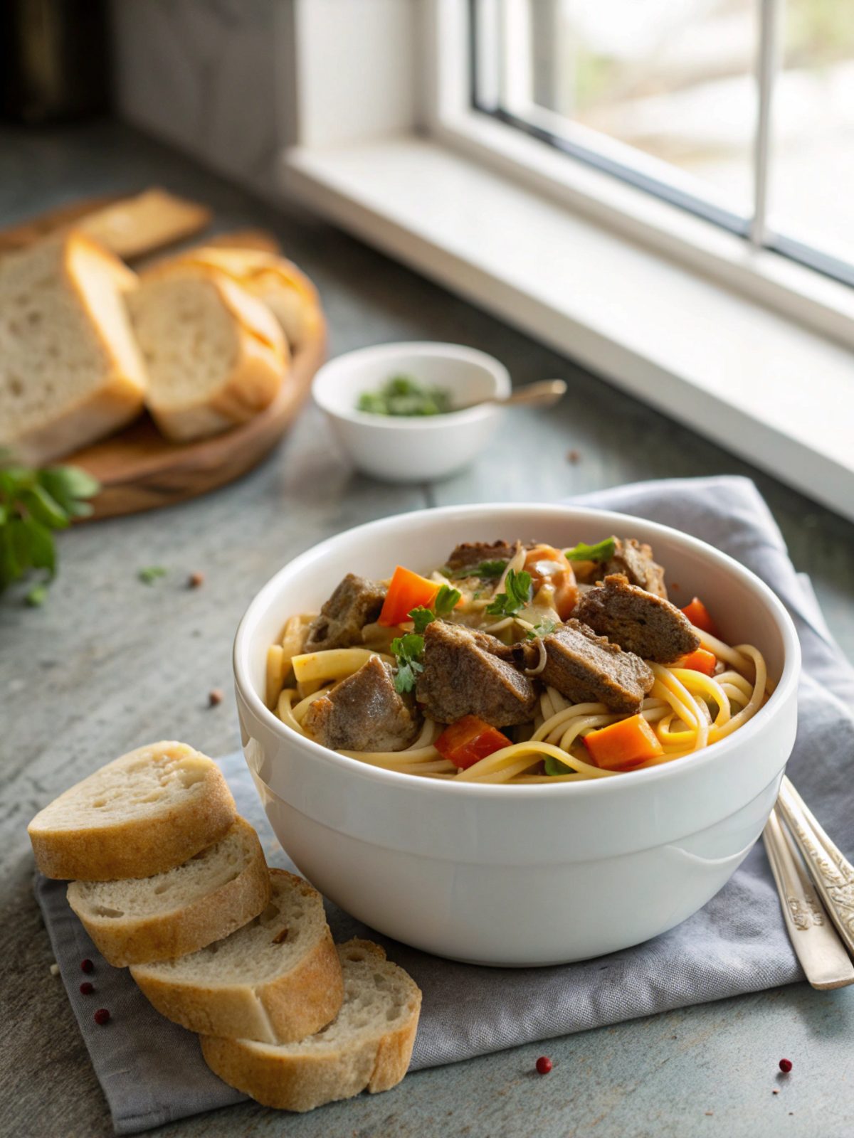A close-up view of savory stovetop beef and noodles garnished with parsley