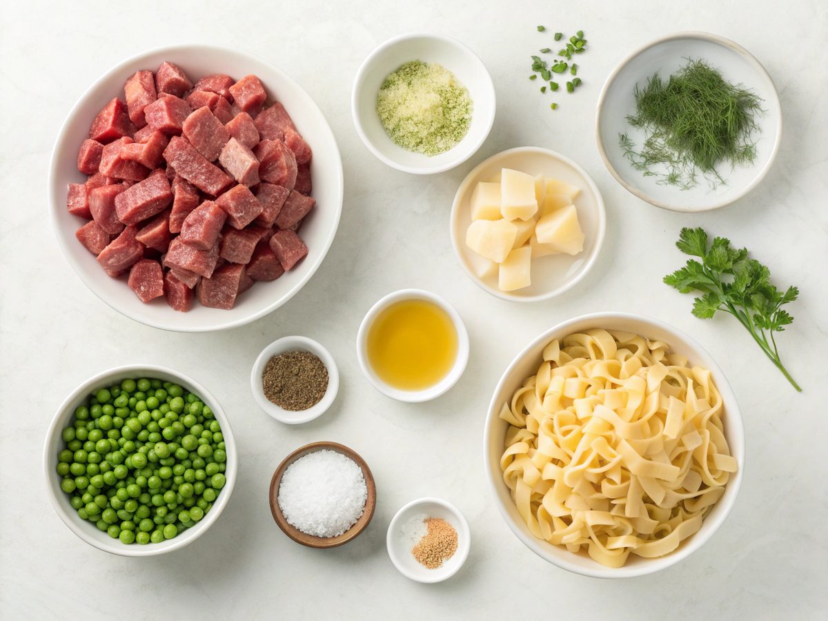 Flat lay of ingredients for stovetop beef and noodles