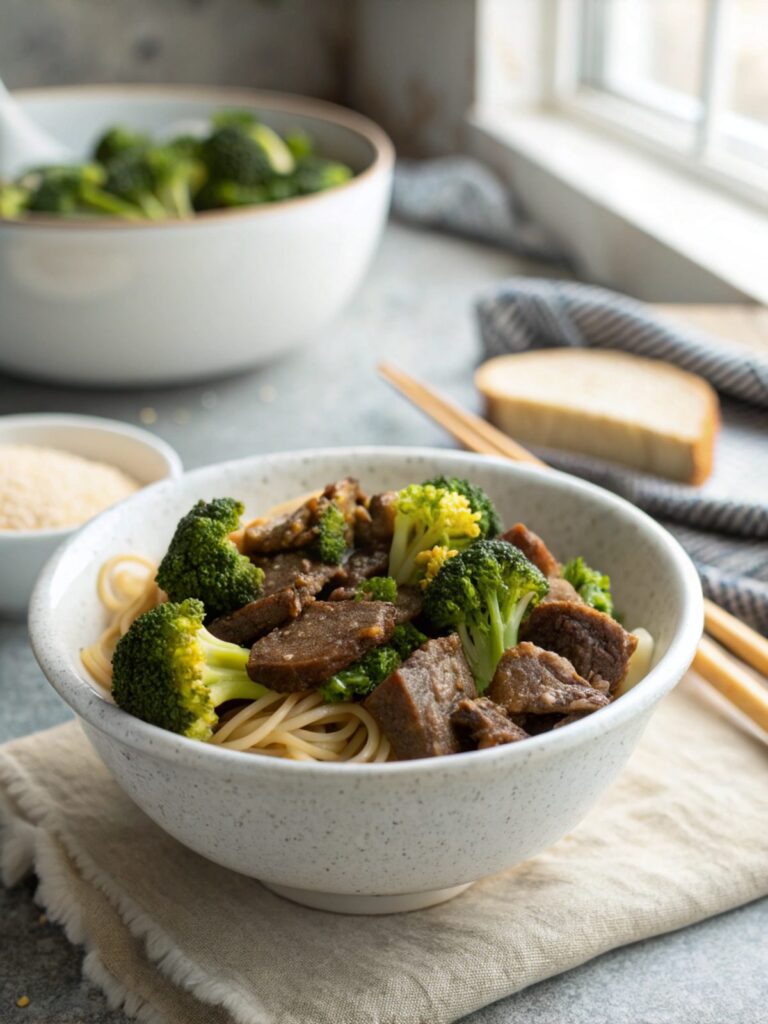 A beautiful shot of tender beef and broccoli served fresh.