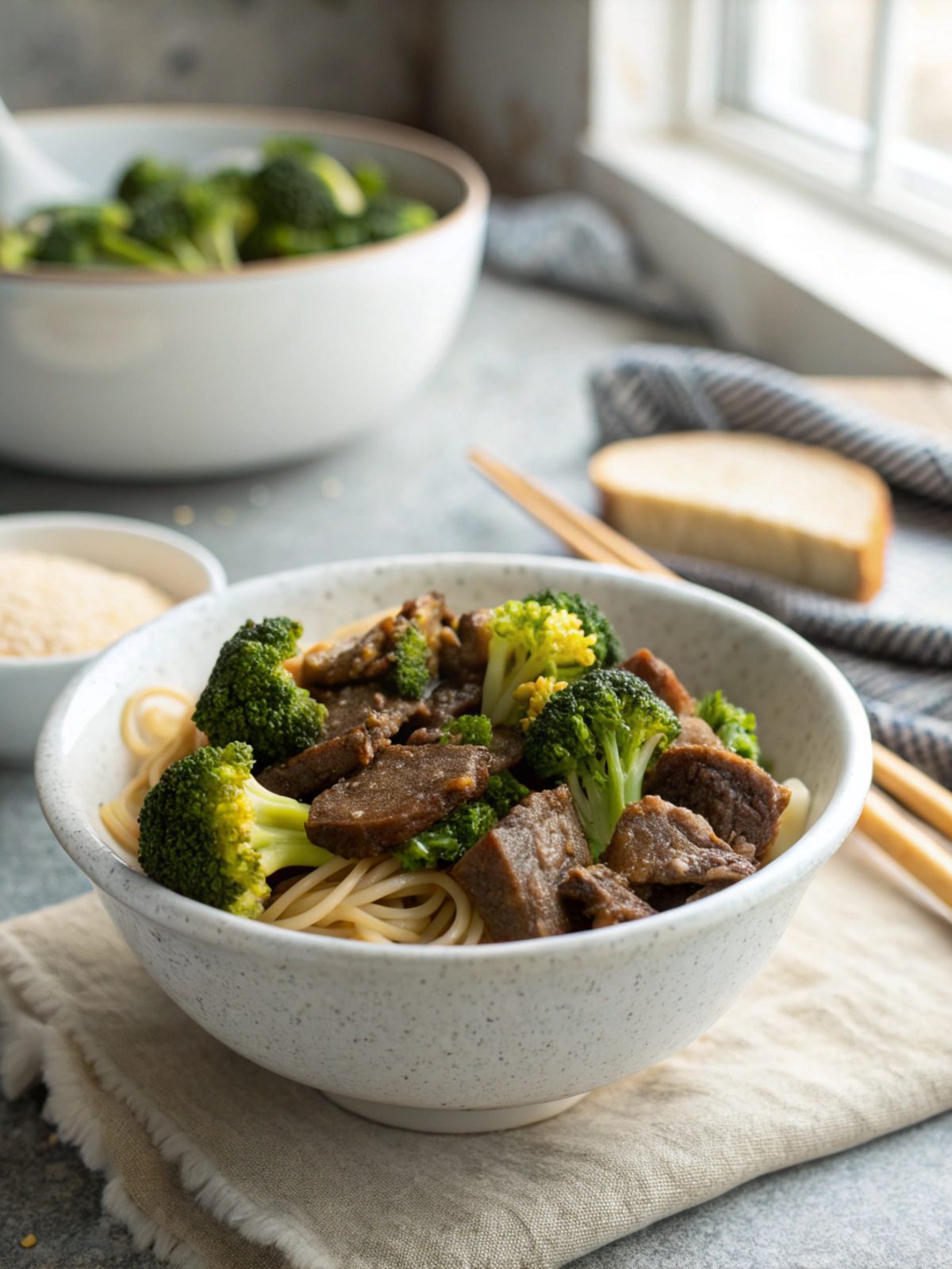 A beautiful shot of tender beef and broccoli served fresh.