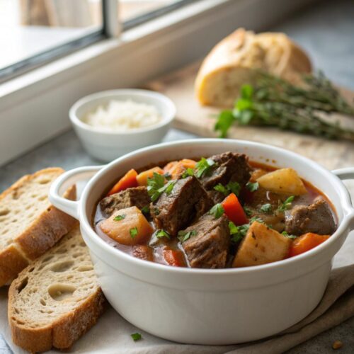A flavorful and hearty beef stew served in a bowl with fresh herbs.