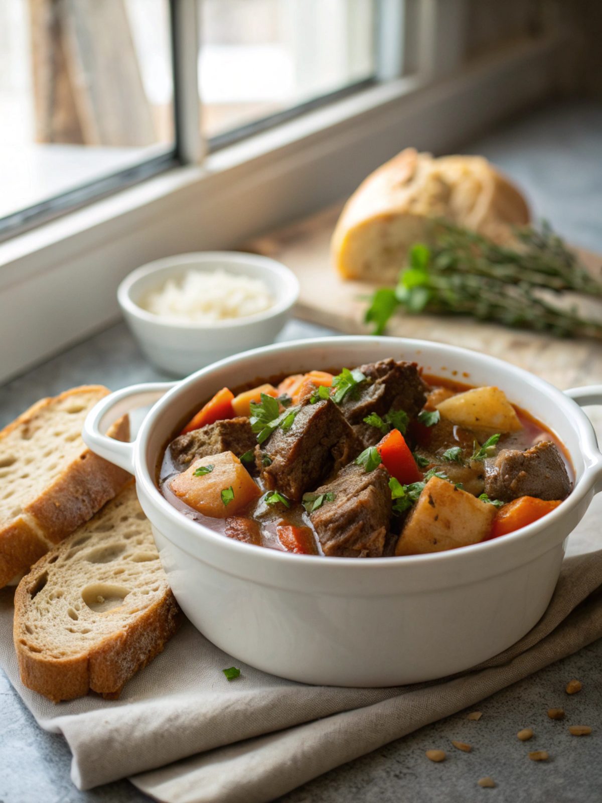 A flavorful and hearty beef stew served in a bowl with fresh herbs.