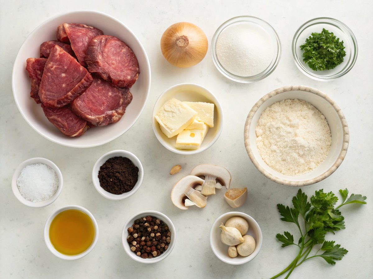 Bright and clear image of traditional ingredients for old fashioned beef stroganoff recipe.