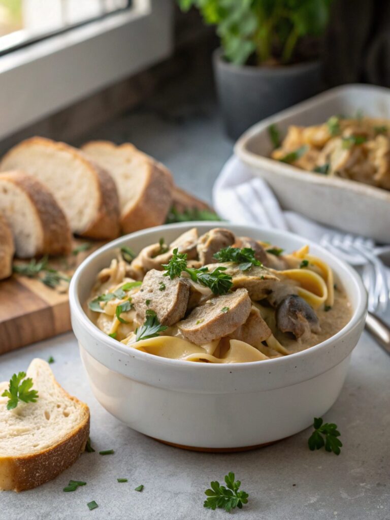 A beautiful plated chicken mushroom stroganoff dish garnished with parsley