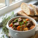 A delicious Dutch Oven Beef Stew artfully presented for serving